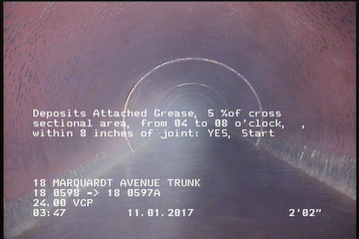 Deposits Attached Grease, 5 %of cross sectional area, from 04 to 08 o'clock, , within 8 inches of joint: YES, Start