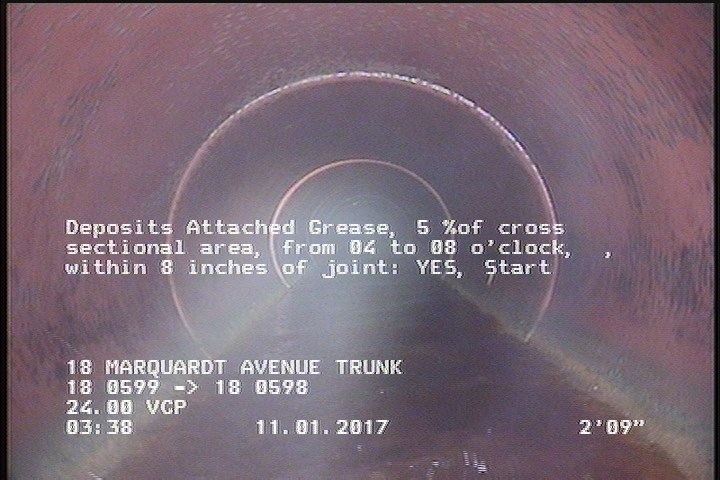 Deposits Attached Grease, 5 %of cross sectional area, from 04 to 08 o'clock, , within 8 inches of joint: YES, Start
