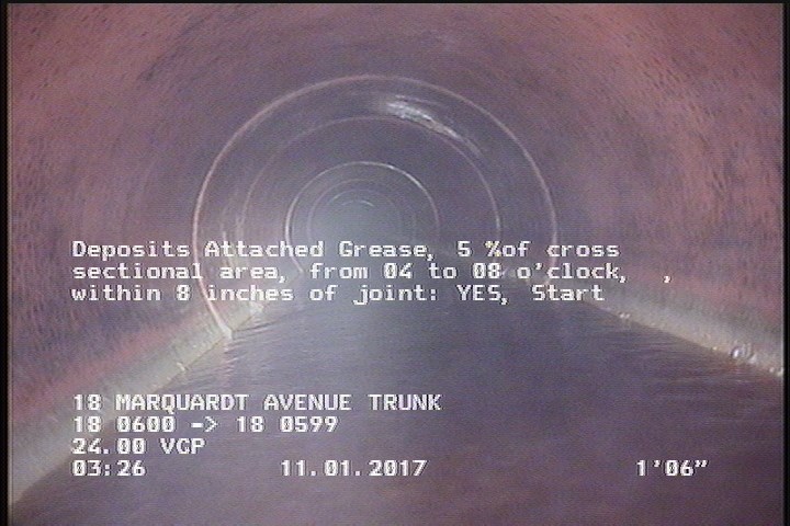 Deposits Attached Grease, 5 %of cross sectional area, from 04 to 08 o'clock, , within 8 inches of joint: YES, Start