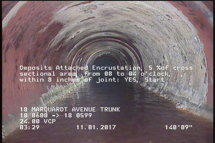 Deposits Attached Encrustation, 5 %of cross sectional area, from 08 to 04 o'clock, , within 8 inches of joint: YES, Start