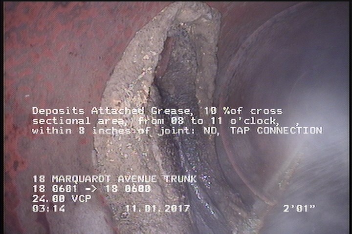 Deposits Attached Grease, 10 %of cross sectional area, from 08 to 11 o'clock, , within 8 inches of joint: NO - TAP CONNECTION