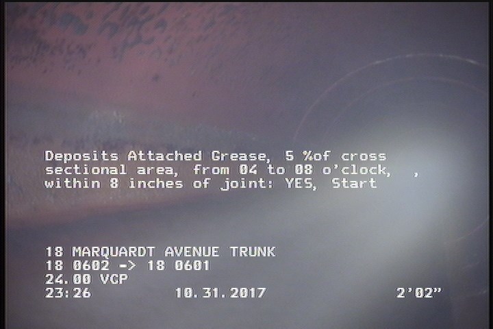 Deposits Attached Grease, 5 %of cross sectional area, from 04 to 08 o'clock, , within 8 inches of joint: YES, Start