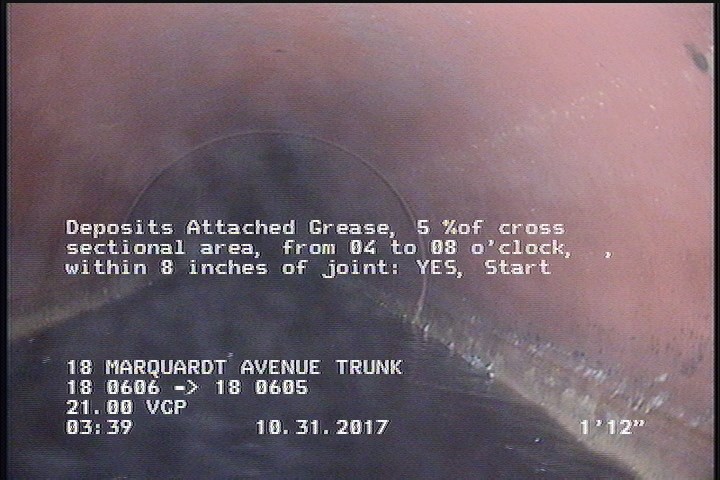 Deposits Attached Grease, 5 %of cross sectional area, from 04 to 08 o'clock, , within 8 inches of joint: YES, Start