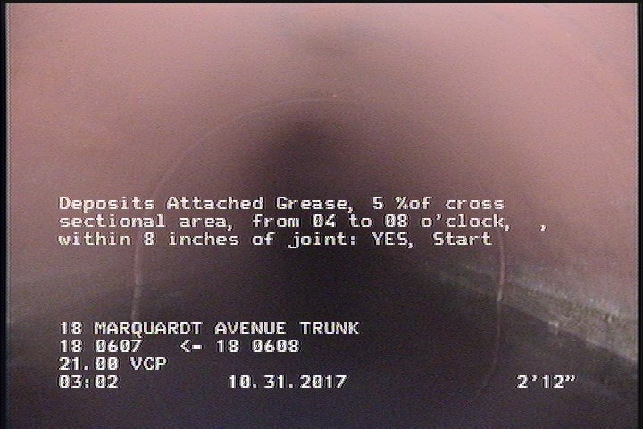 Deposits Attached Grease, 5 %of cross sectional area, from 04 to 08 o'clock, , within 8 inches of joint: YES, Start