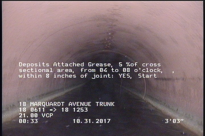 Deposits Attached Grease, 5 %of cross sectional area, from 04 to 08 o'clock, , within 8 inches of joint: YES, Start