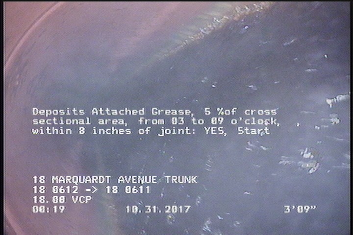 Deposits Attached Grease, 5 %of cross sectional area, from 03 to 09 o'clock, , within 8 inches of joint: YES, Start