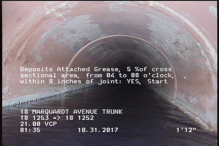 Deposits Attached Grease, 5 %of cross sectional area, from 04 to 08 o'clock, , within 8 inches of joint: YES, Start
