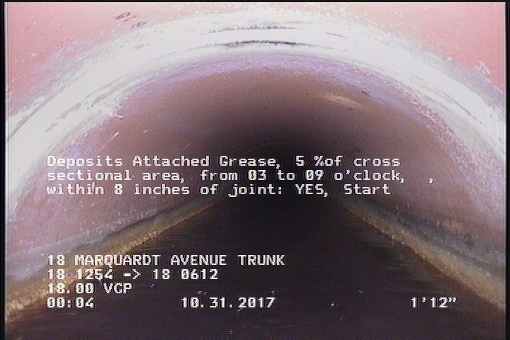 Deposits Attached Grease, 5 %of cross sectional area, from 03 to 09 o'clock, , within 8 inches of joint: YES, Start