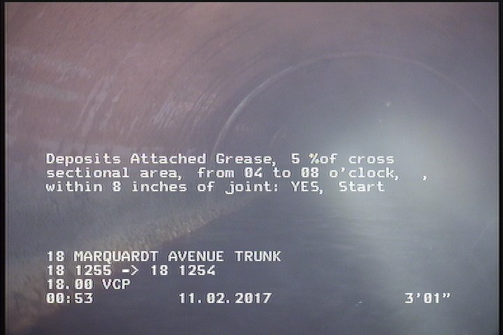 Deposits Attached Grease, 5 %of cross sectional area, from 04 to 08 o'clock, , within 8 inches of joint: YES, Start