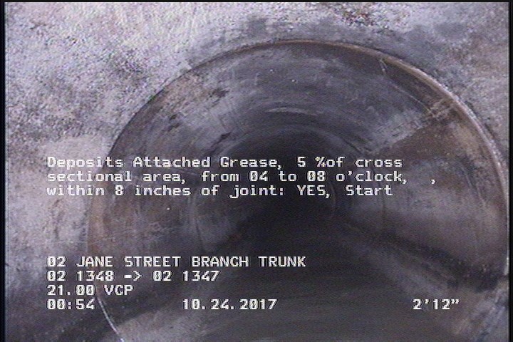 Deposits Attached Grease, 5 %of cross sectional area, from 04 to 08 o'clock, , within 8 inches of joint: YES, Start