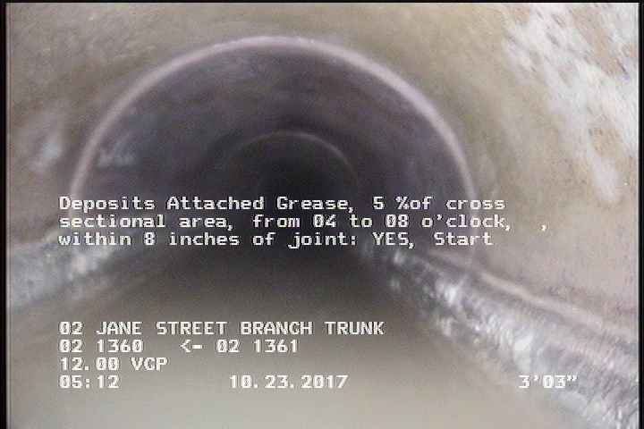 Deposits Attached Grease, 5 %of cross sectional area, from 04 to 08 o'clock, , within 8 inches of joint: YES, Start