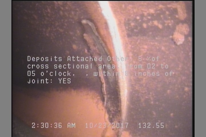Deposits Attached Other, 5 %of cross sectional area, from 02 to 05 o'clock, , within 8 inches of joint: YES