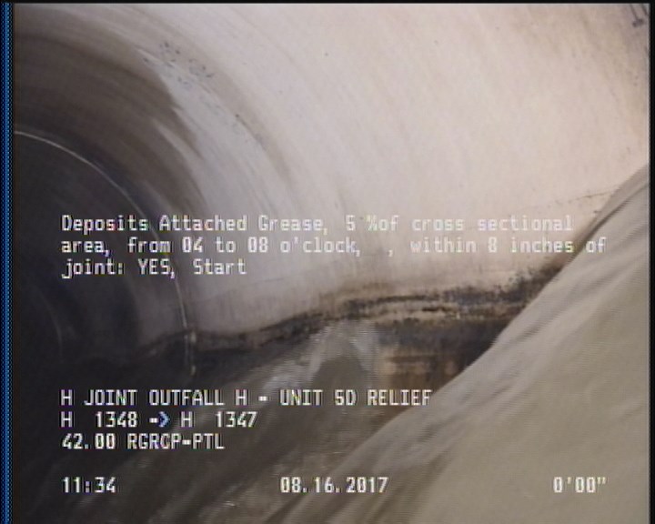 Deposits Attached Grease, 5 %of cross sectional area, from 04 to 08 o'clock, , within 8 inches of joint: YES, Start