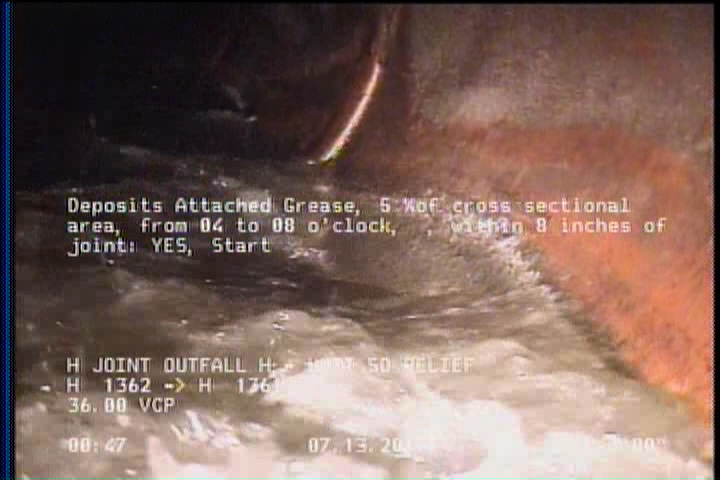 Deposits Attached Grease, 5 %of cross sectional area, from 04 to 08 o'clock, , within 8 inches of joint: YES, Start