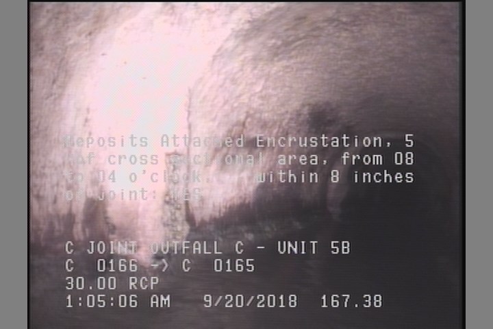 Deposits Attached Encrustation, 5 %of cross sectional area, from 08 to 04 o'clock, , within 8 inches of joint: YES