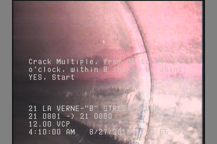 Crack Multiple, from 08 to 04 o'clock, within 8 inches of joint: YES, Start