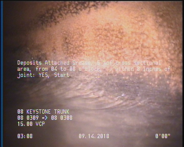 Deposits Attached Grease, 5 %of cross sectional area, from 04 to 08 o'clock, , within 8 inches of joint: YES, Start