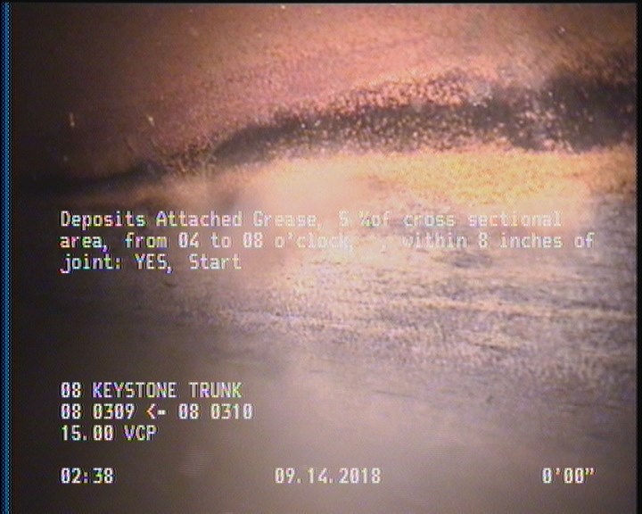 Deposits Attached Grease, 5 %of cross sectional area, from 04 to 08 o'clock, , within 8 inches of joint: YES, Start