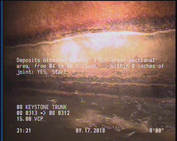 Deposits Attached Grease, 5 %of cross sectional area, from 04 to 08 o'clock, , within 8 inches of joint: YES, Start