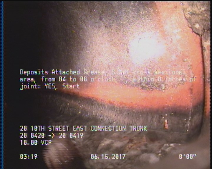 Deposits Attached Grease, 5 %of cross sectional area, from 04 to 08 o'clock, , within 8 inches of joint: YES, Start