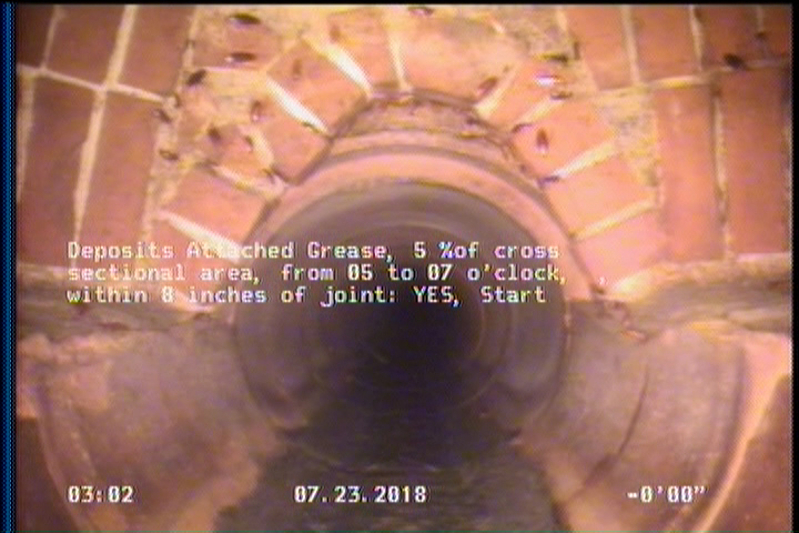 Deposits Attached Grease, 5 %of cross sectional area, from 05 to 07 o'clock, , within 8 inches of joint: YES, Start
