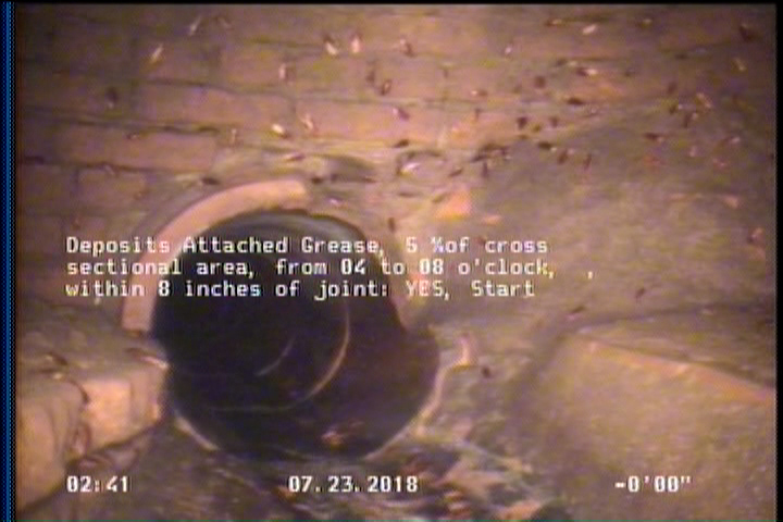 Deposits Attached Grease, 5 %of cross sectional area, from 04 to 08 o'clock, , within 8 inches of joint: YES, Start