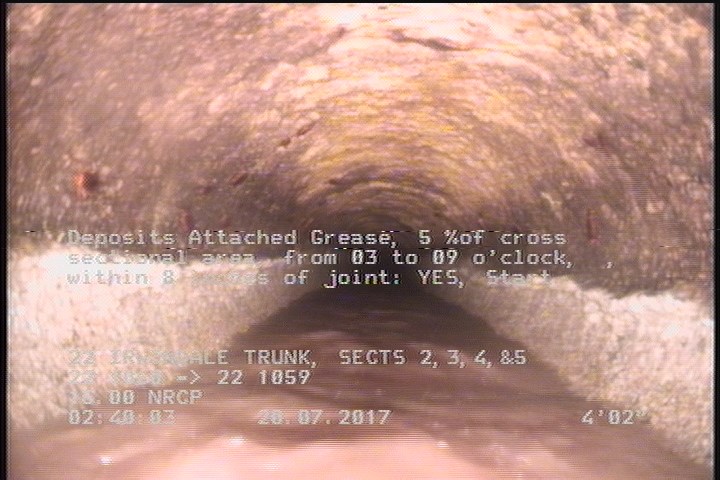 Deposits Attached Grease, 5 %of cross sectional area, from 03 to 09 o'clock, , within 8 inches of joint: YES, Start