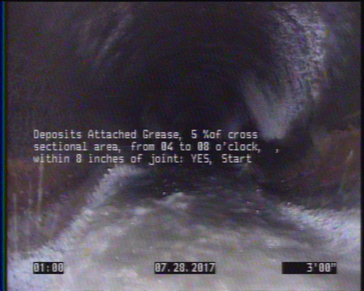 Deposits Attached Grease, 5 %of cross sectional area, from 04 to 08 o'clock, , within 8 inches of joint: YES, Start