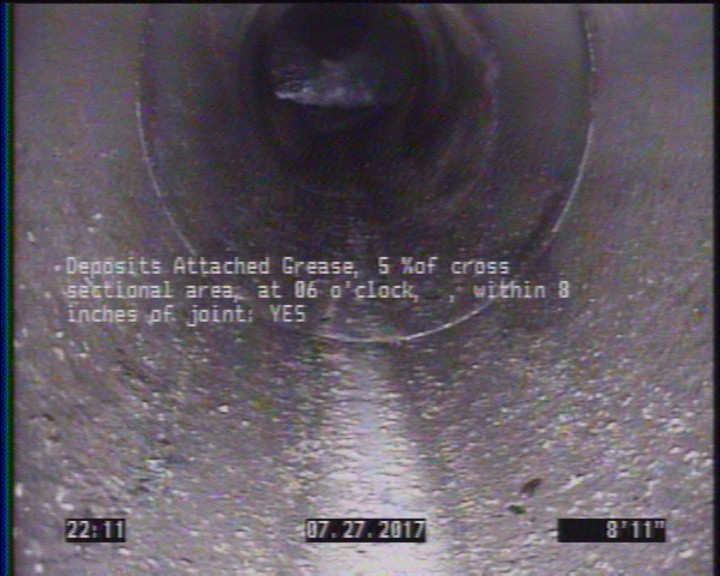 Deposits Attached Grease, 5 %of cross sectional area, at 06 o'clock, , within 8 inches of joint: YES