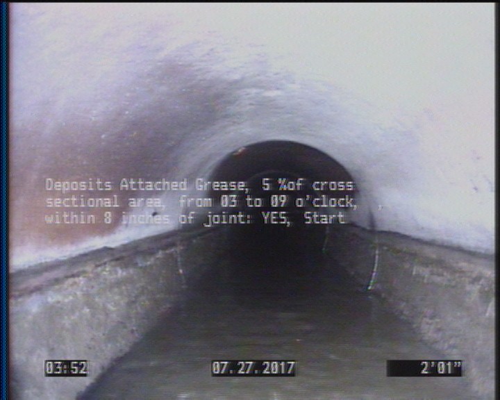 Deposits Attached Grease, 5 %of cross sectional area, from 03 to 09 o'clock, , within 8 inches of joint: YES, Start