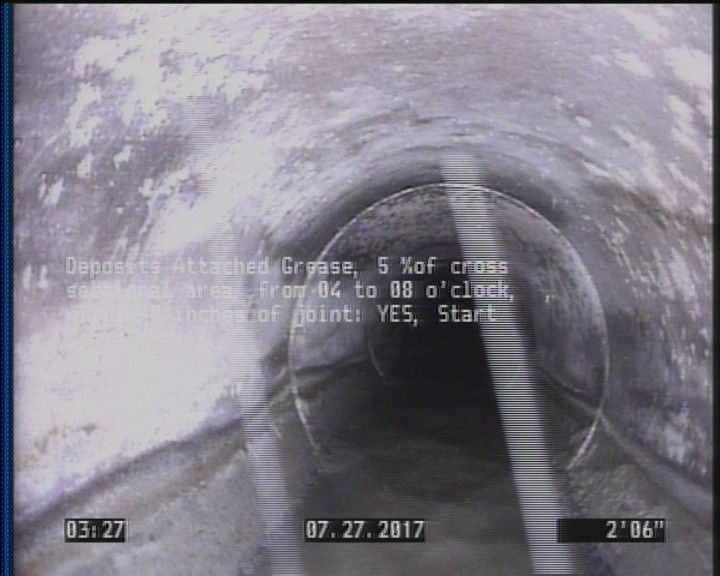 Deposits Attached Grease, 5 %of cross sectional area, from 04 to 08 o'clock, , within 8 inches of joint: YES, Start