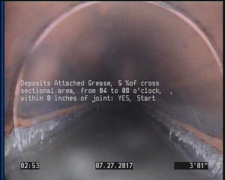 Deposits Attached Grease, 5 %of cross sectional area, from 04 to 08 o'clock, , within 8 inches of joint: YES, Start