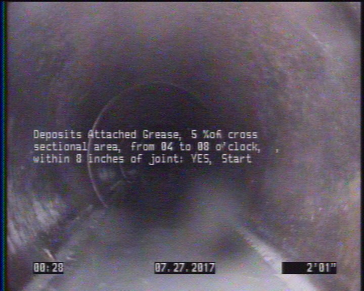 Deposits Attached Grease, 5 %of cross sectional area, from 04 to 08 o'clock, , within 8 inches of joint: YES, Start