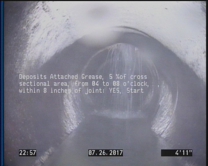 Deposits Attached Grease, 5 %of cross sectional area, from 04 to 08 o'clock, , within 8 inches of joint: YES, Start