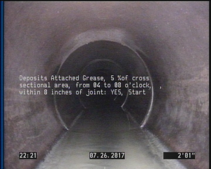 Deposits Attached Grease, 5 %of cross sectional area, from 04 to 08 o'clock, , within 8 inches of joint: YES, Start