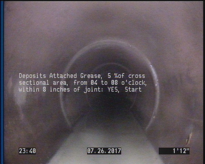 Deposits Attached Grease, 5 %of cross sectional area, from 04 to 08 o'clock, , within 8 inches of joint: YES, Start