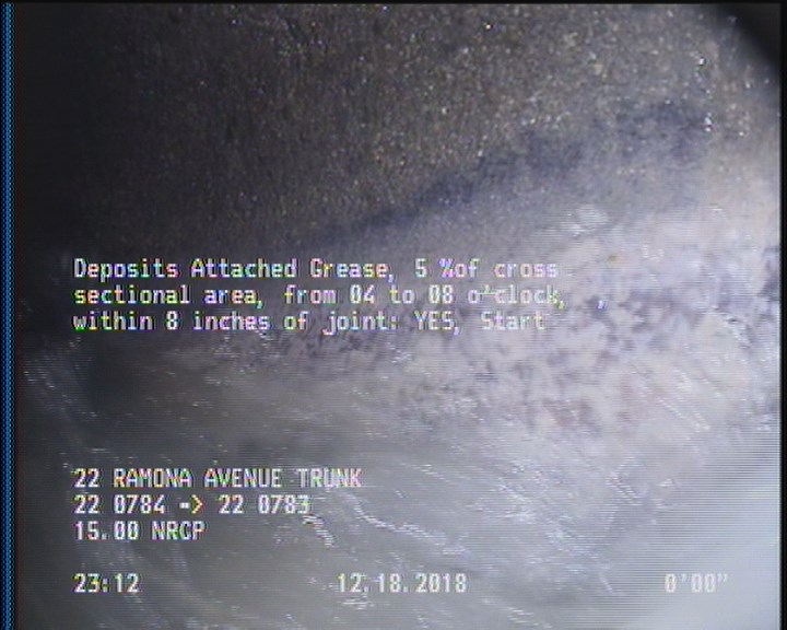 Deposits Attached Grease, 5 %of cross sectional area, from 04 to 08 o'clock, , within 8 inches of joint: YES, Start