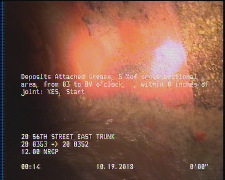 Deposits Attached Grease, 5 %of cross sectional area, from 03 to 09 o'clock, , within 8 inches of joint: YES, Start