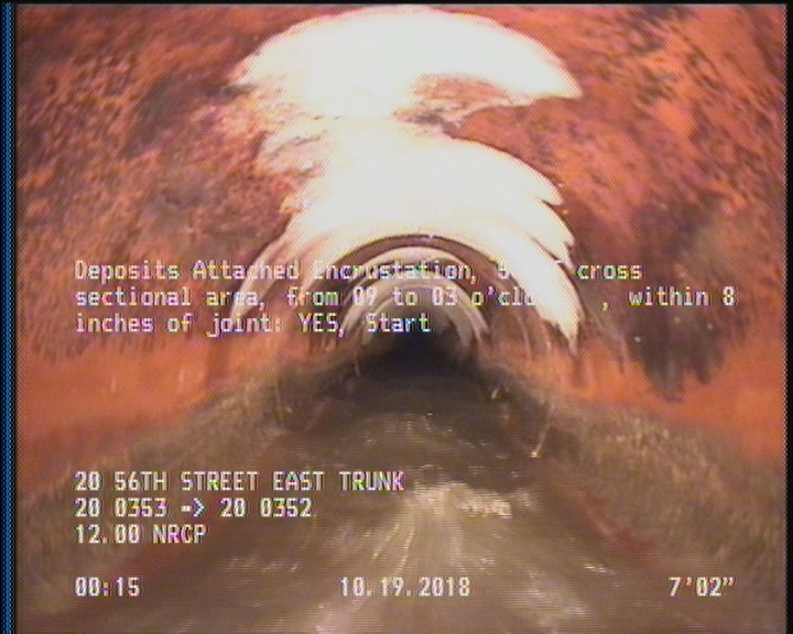 Deposits Attached Encrustation, 5 %of cross sectional area, from 09 to 03 o'clock, , within 8 inches of joint: YES, Start