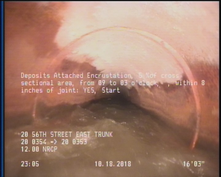 Deposits Attached Encrustation, 5 %of cross sectional area, from 09 to 03 o'clock, , within 8 inches of joint: YES, Start