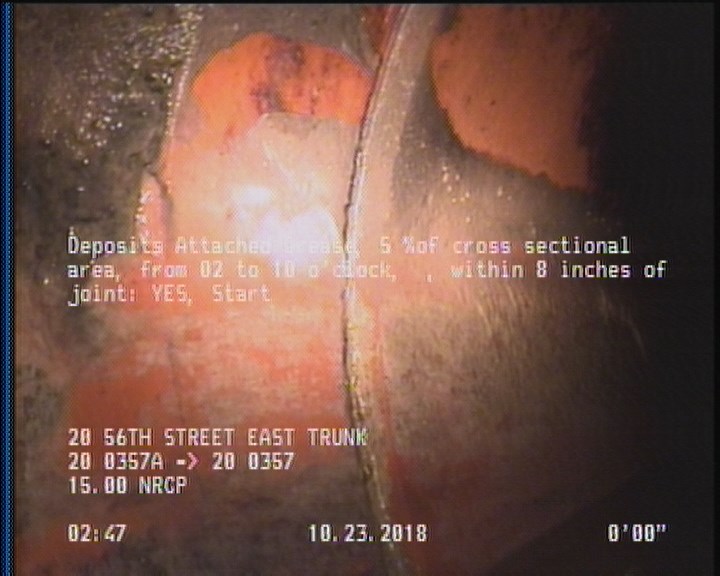 Deposits Attached Grease, 5 %of cross sectional area, from 02 to 10 o'clock, , within 8 inches of joint: YES, Start