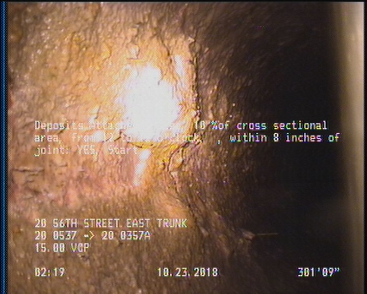 Deposits Attached Grease, 10 %of cross sectional area, from 12 to 12 o'clock, , within 8 inches of joint: YES, Start
