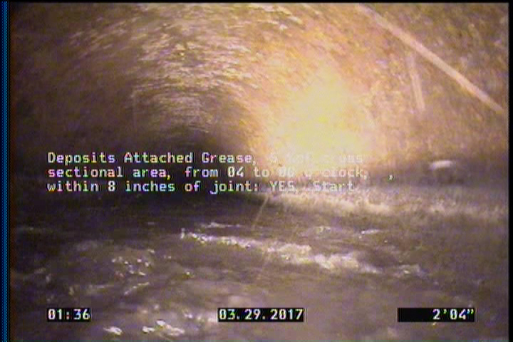 Deposits Attached Grease, 5 %of cross sectional area, from 04 to 08 o'clock, , within 8 inches of joint: YES, Start