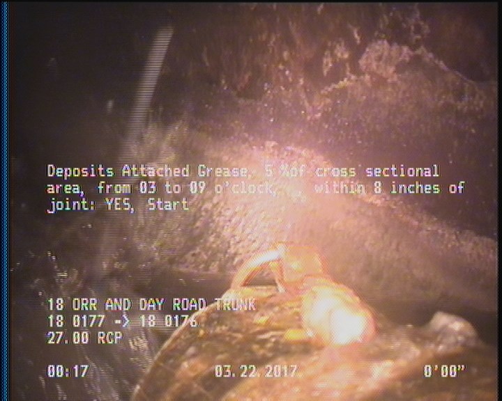 Deposits Attached Grease, 5 %of cross sectional area, from 03 to 09 o'clock, , within 8 inches of joint: YES, Start