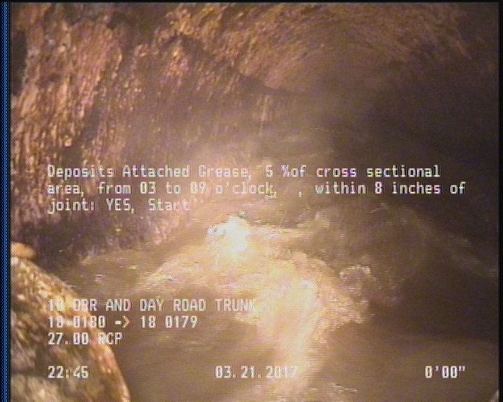 Deposits Attached Grease, 5 %of cross sectional area, from 03 to 09 o'clock, , within 8 inches of joint: YES, Start
