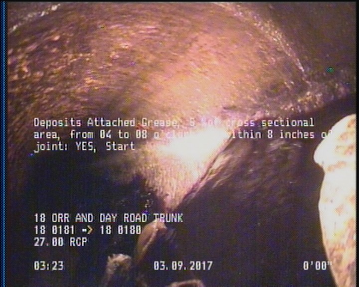 Deposits Attached Grease, 5 %of cross sectional area, from 04 to 08 o'clock, , within 8 inches of joint: YES, Start