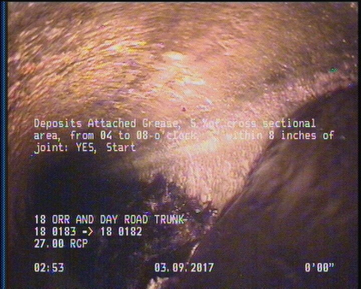 Deposits Attached Grease, 5 %of cross sectional area, from 04 to 08 o'clock, , within 8 inches of joint: YES, Start