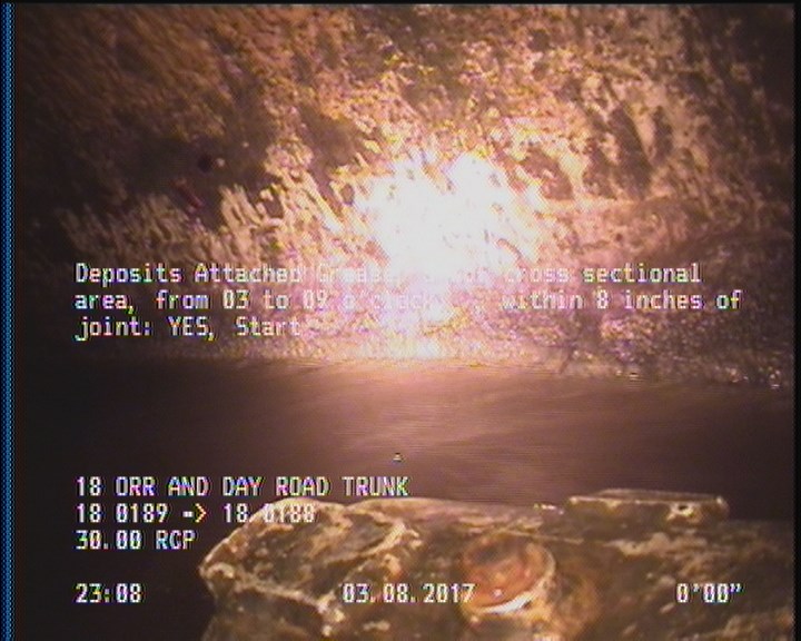Deposits Attached Grease, 5 %of cross sectional area, from 03 to 09 o'clock, , within 8 inches of joint: YES, Start