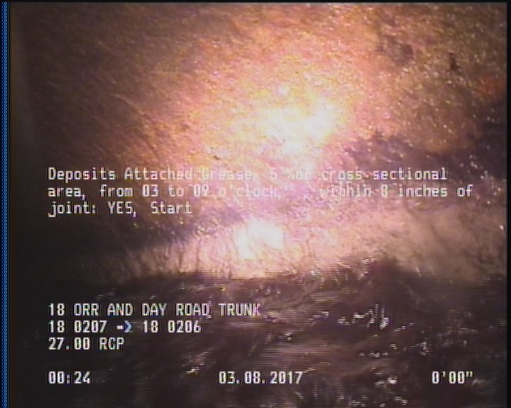 Deposits Attached Grease, 5 %of cross sectional area, from 03 to 09 o'clock, , within 8 inches of joint: YES, Start