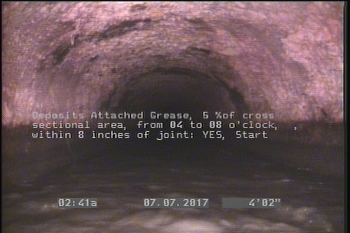 Deposits Attached Grease, 5 %of cross sectional area, from 04 to 08 o'clock, , within 8 inches of joint: YES, Start